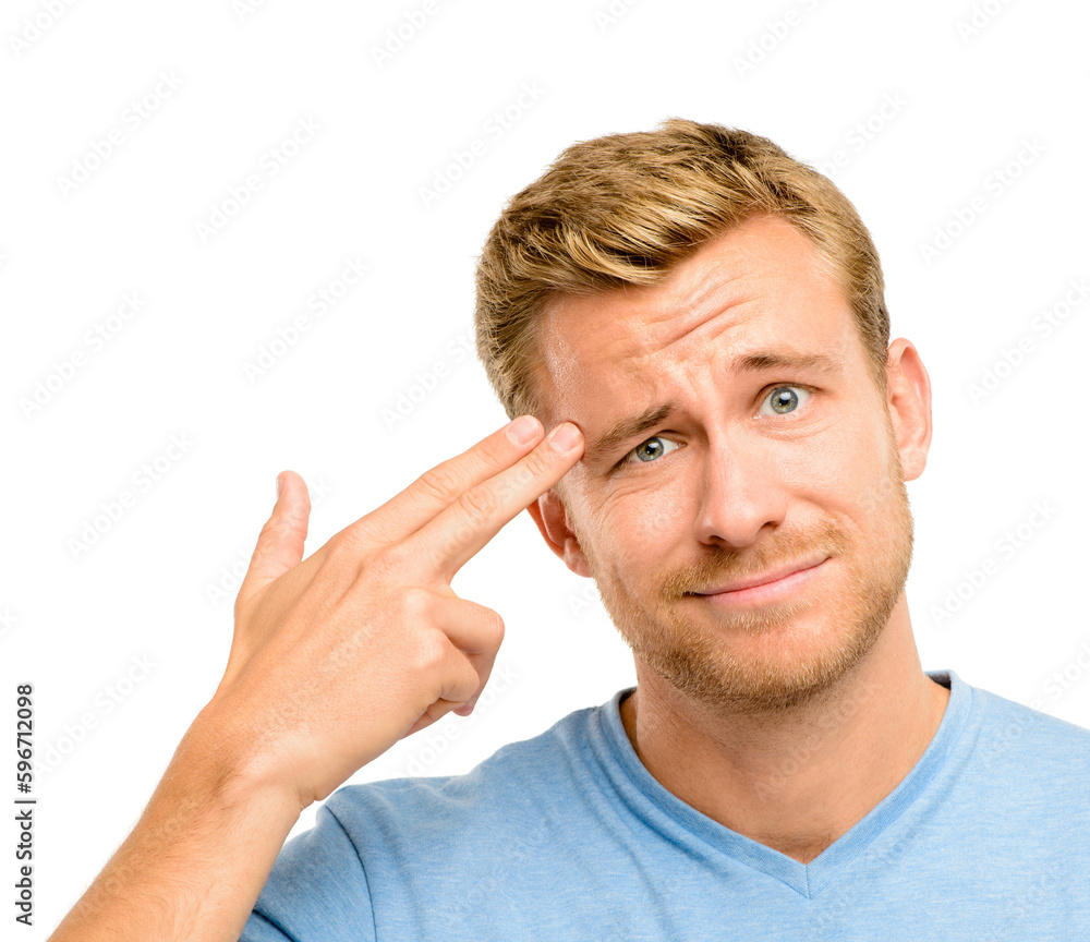 Im so over this. Shot of a handsome young man standing alone in the studio and holding his fingers to his head. Im so over this. Shot of a handsome young man standing alone in the studio and holding his fingers to his head.
