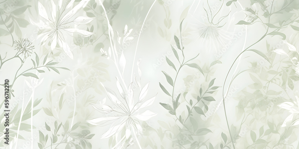 Delicate watercolor botanical digital paper floral background in soft basic pastel green tones. Created with Generative AI.