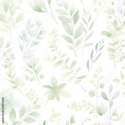 Delicate watercolor botanical digital paper floral background in soft basic pastel green tones. Neutral elegant pattern on white paper. Created with Generative AI.