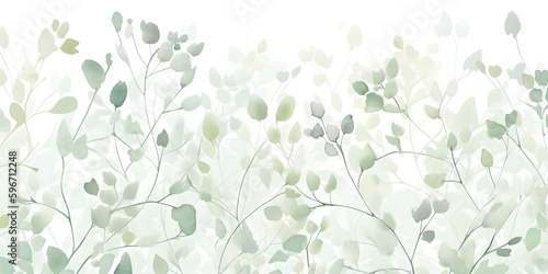 Delicate watercolor botanical digital paper floral background in soft basic pastel green tones. Neutral elegant pattern on white paper.