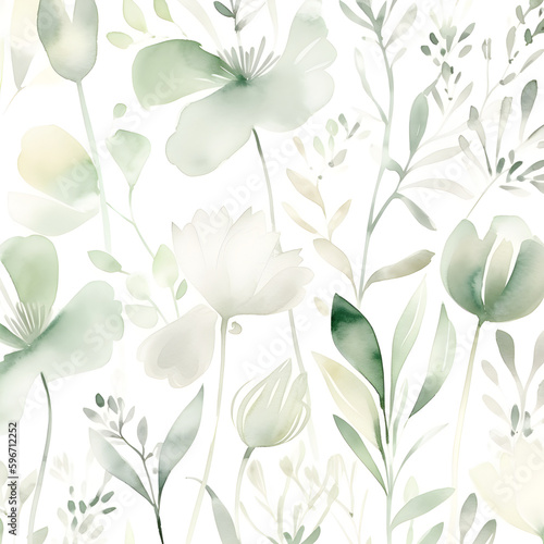 Delicate watercolor botanical digital paper floral background in soft basic pastel green tones. Neutral elegant pattern on white paper.