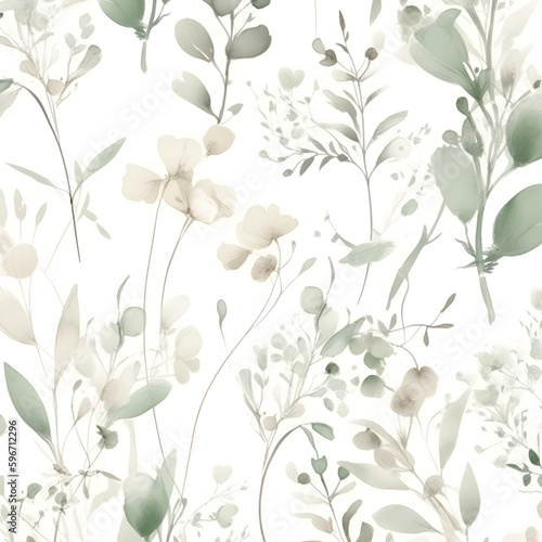 Delicate watercolor botanical digital paper floral background in soft basic pastel green tones. Neutral elegant pattern of green watercolor leaves on white paper.