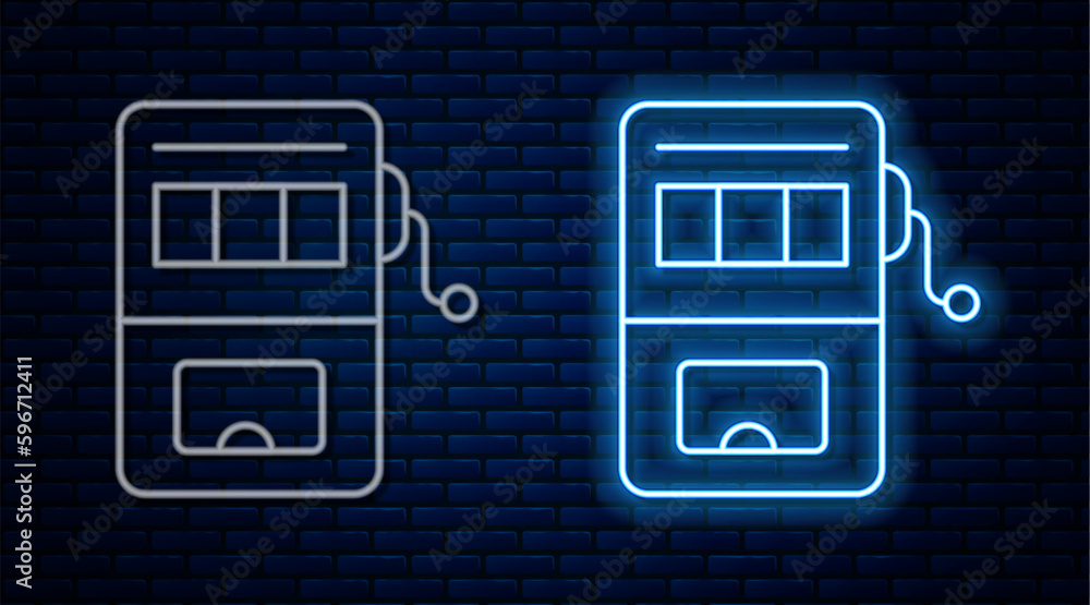 Glowing neon line Slot machine icon isolated on brick wall background. Vector Glowing neon line Slot machine icon isolated on brick wall background. Vector