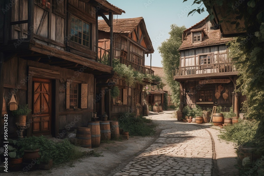 A picturesque town featuring wooden buildings and a quaint street frame. Generative AI