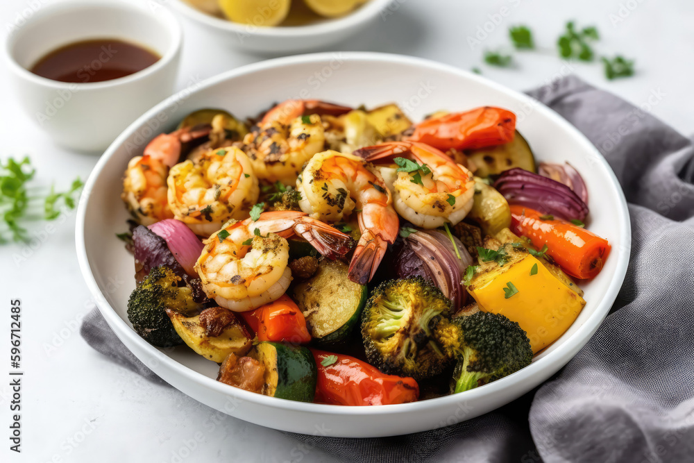 Broiled Shrimp With Roasted Vegetables On White Background, In White Plate. Generative AI