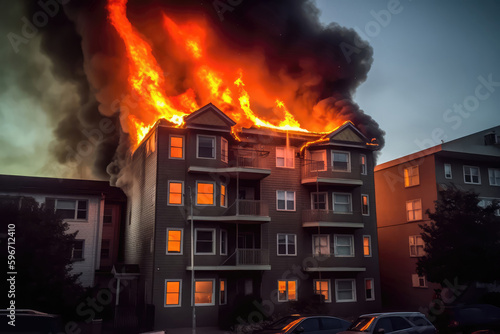 Apartment Building With Flames Visible From Windows. Generative AI