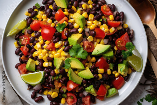 Black Bean And Corn Salad On White Background, In White Plate, View From Above, Shot Overhead. Generative AI