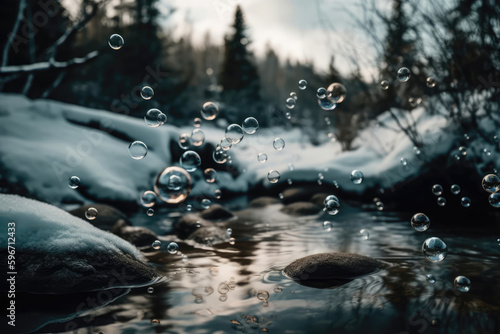 Bubbles Floating In Snowy Landscape. Generative AI