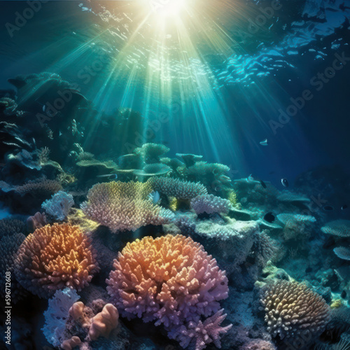 Background corals underwater deep, from above the rays of light. Generative AI