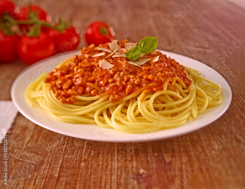 Spaghetti Bolognese mit Tomaten auf Holzfond