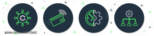 Set line Contactless payment, Clock and gear, Copywriting network and Lead management icon. Vector