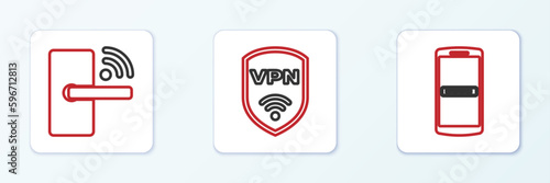Set line Mobile and password, Digital door lock with wireless and Shield VPN icon. Vector