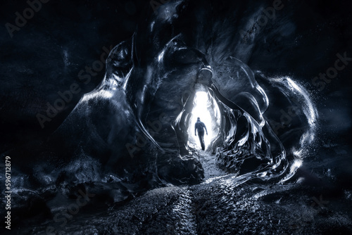 Black ice cave in Iceland with a silhouette of a man at the entrance