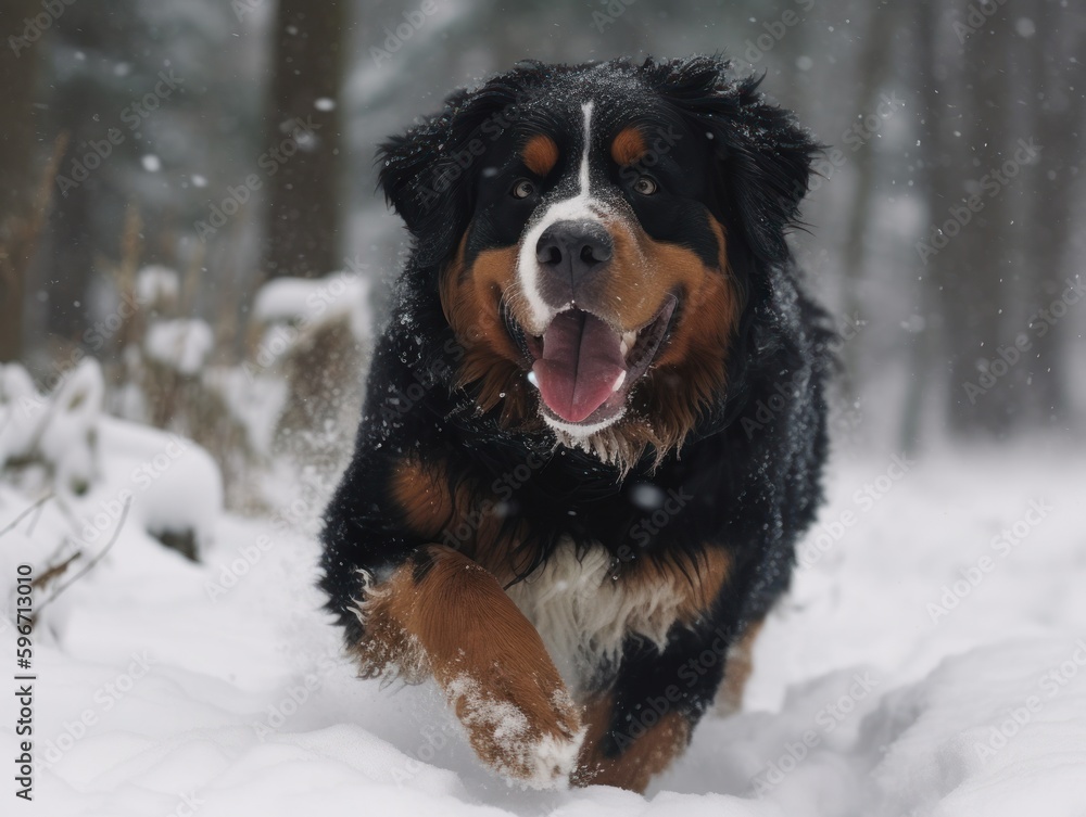 A Bernese mountain dog in the snow.  Beatiful dog. Generative AI