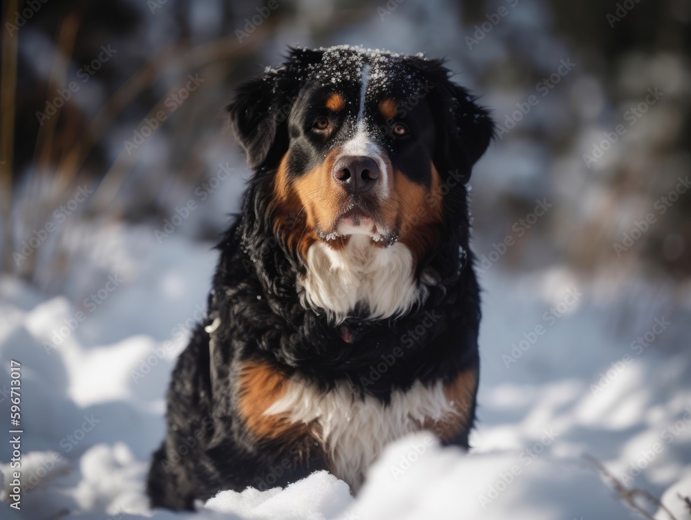 A Bernese mountain dog in the snow. Beatiful dog. Generative AI A Bernese mountain dog in the snow. Beatiful dog. Generative AI