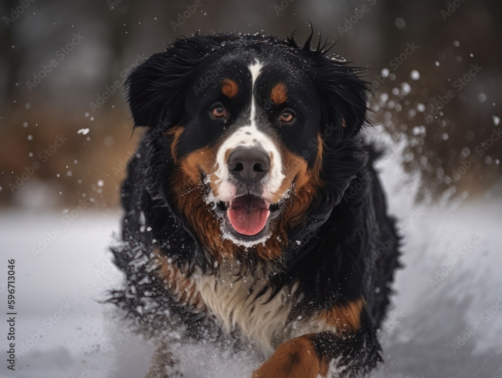 A Bernese mountain dog in the snow. Beatiful dog. Generative AI A Bernese mountain dog in the snow. Beatiful dog. Generative AI