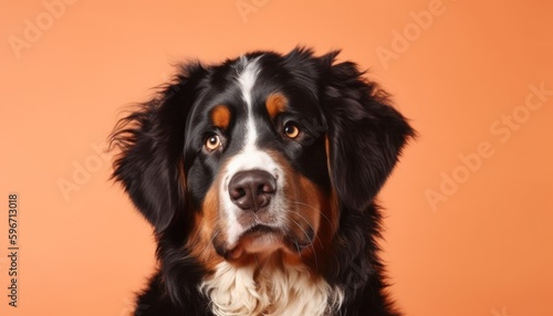 Bernese mountain dog in orsnge background. Beatiful dog. Generative AI 