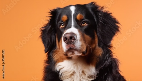 Bernese mountain dog in orsnge background. Beatiful dog. Generative AI 