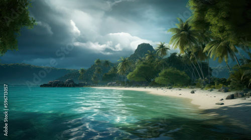 Surreal Tropical island paradise with bright blue water and dark green trees.Generative AI
