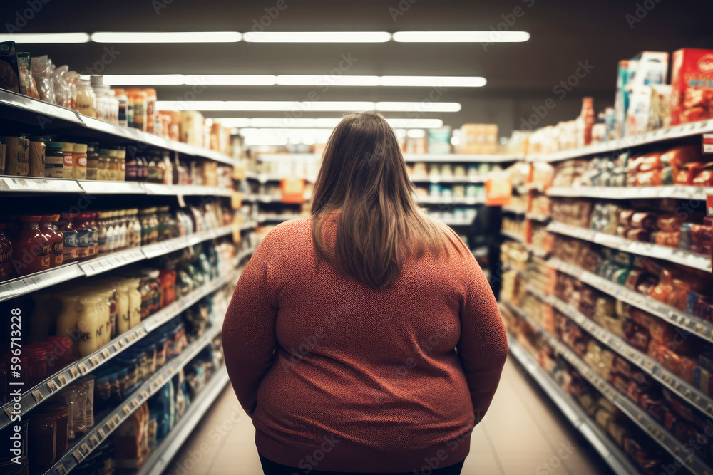 Young, overweight woman shopping in a supermarket - Generative AI