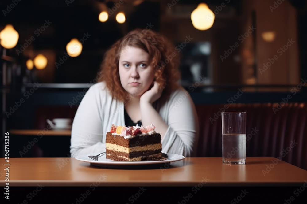 Young overweight woman sitting in front of a large piece of cake - Generative AI