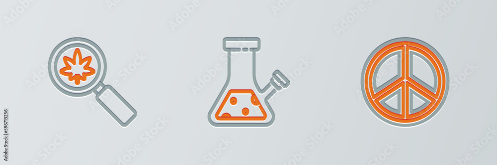 Set line Peace, Magnifying glass and marijuana and Glass bong for smoking cannabis icon. Vector Set line Peace, Magnifying glass and marijuana and Glass bong for smoking cannabis icon. Vector