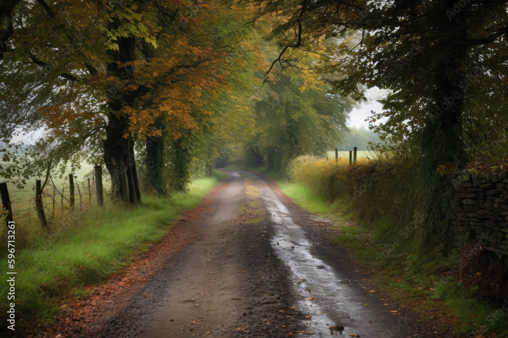Obraz premium Country road with trees on the side - made with generative ai