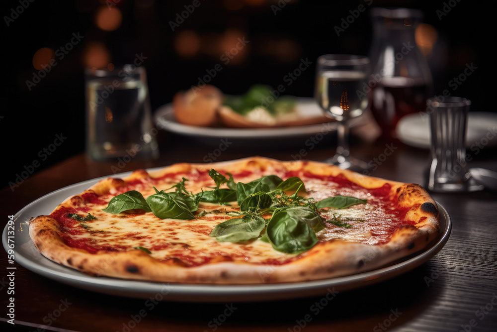 Close up pizza on a table at a restaurant - made with generative ai