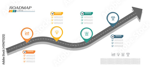 Roadmap infographic 4 steps timeline concept. Winding road. Vector illustration.