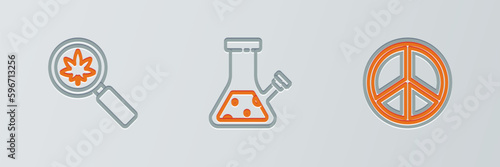 Set line Peace, Magnifying glass and marijuana and Glass bong for smoking cannabis icon. Vector