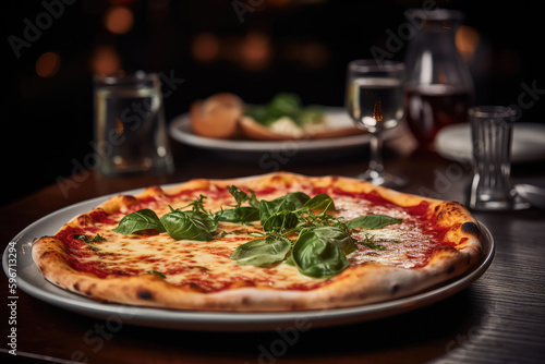 Close up pizza on a table at a restaurant - made with generative ai