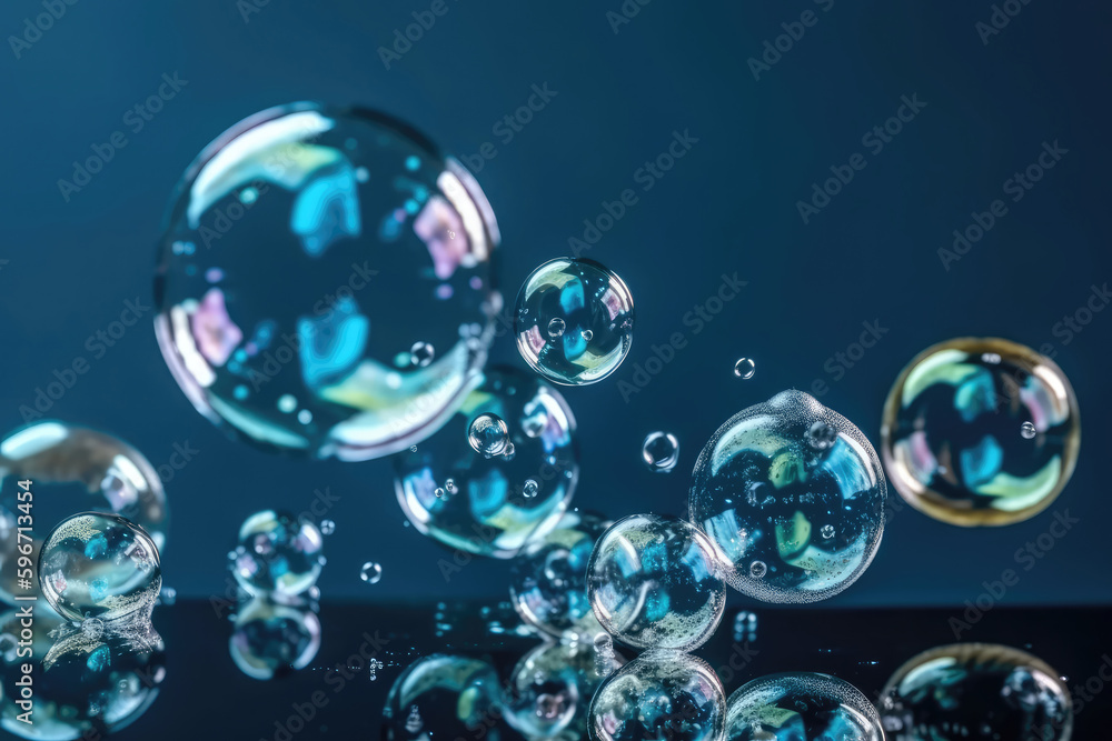 Naklejka premium Soap Bubbles On Blue Background. Generative AI