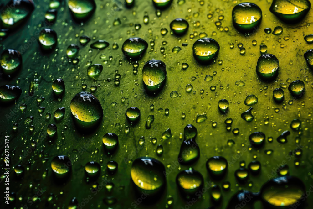Water Droplets On Green Surface. Generative AI