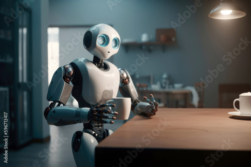 Robot Delivering Coffee To Cozy Home. Generative AI © Anastasiia