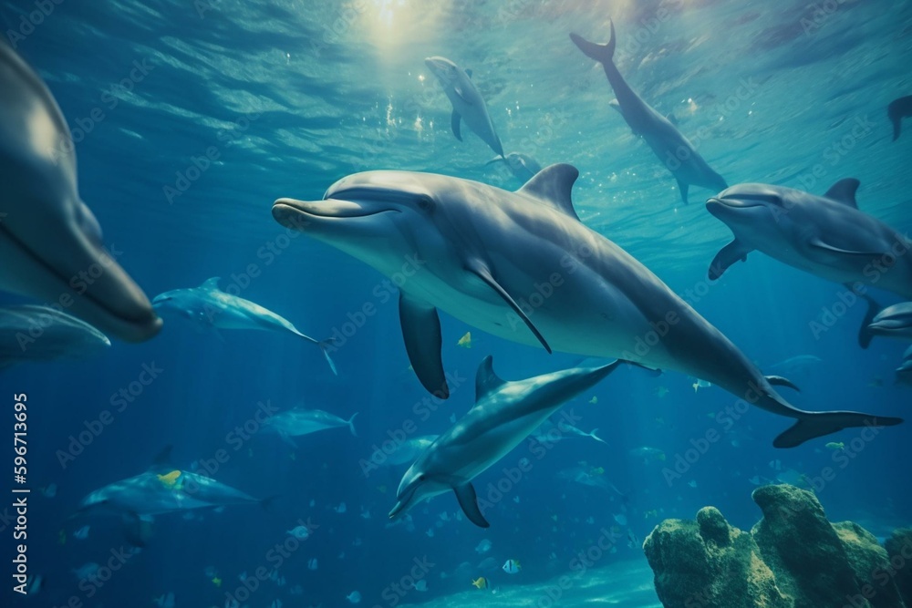 Explore the stunning underwater world: dolphins, marine life & coral reef in ultra high-definition detail with ocean rendering. Generative AI
