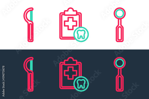 Set line Dental inspection mirror, floss and card icon. Vector
