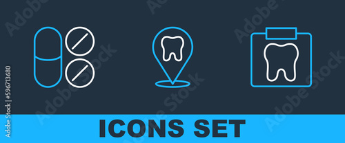 Set line X-ray of tooth, Painkiller tablet and Dental clinic location icon. Vector