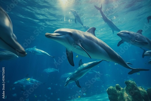 Explore the stunning underwater world: dolphins, marine life & coral reef in ultra high-definition detail with ocean rendering. Generative AI © Aphrodite