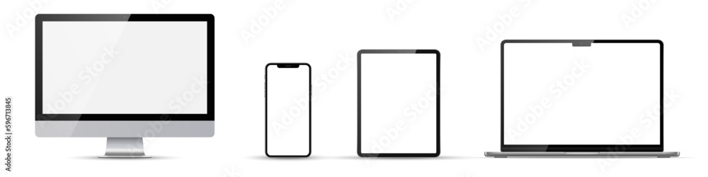 Set of monitor, laptop, tablet, phone on transparent background with white/transparent screen. Vector illustration. Set of monitor, laptop, tablet, phone on transparent background with white/transparent screen. Vector illustration.
