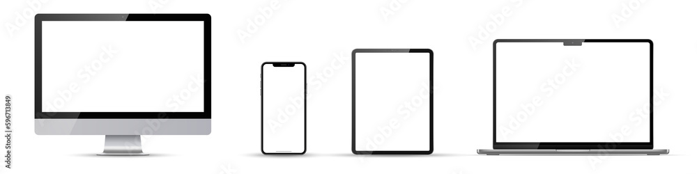 Set of monitor, laptop, tablet, phone on transparent background with white/transparent screen. Png illustration. Set of monitor, laptop, tablet, phone on transparent background with white/transparent screen. Png illustration.