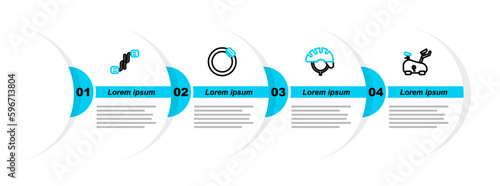 Set line Stationary bicycle, Bicycle helmet, brake disc and pedals icon. Vector