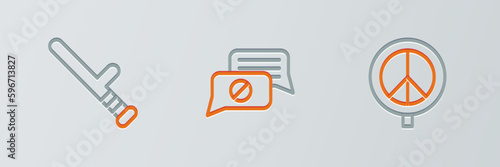 Set line Peace, Police rubber baton and Speech bubble chat icon. Vector
