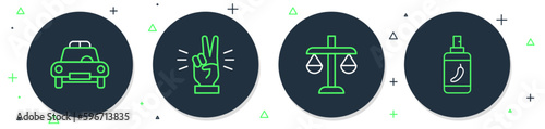 Set line Hand showing two finger, Scales of justice, Police car flasher and Pepper spray icon. Vector
