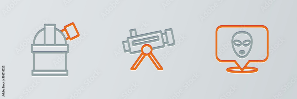 Set line Alien, Astronomical observatory and Telescope icon. Vector Set line Alien, Astronomical observatory and Telescope icon. Vector