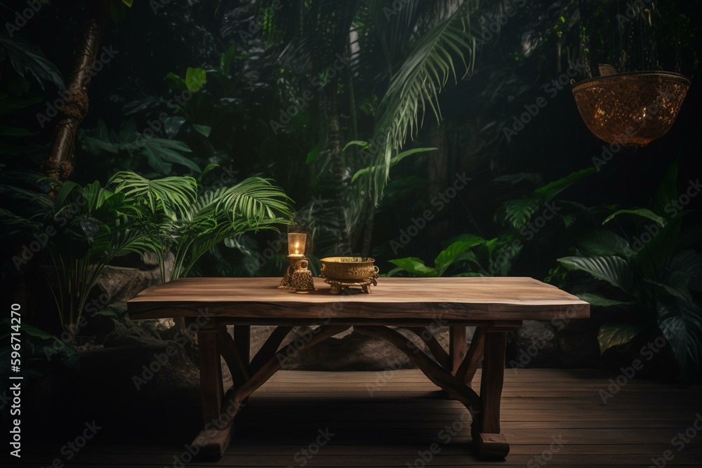 Empty raw wooden table for product presentation in a lush tropical ambiance. Generative AI
