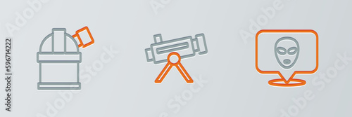 Set line Alien, Astronomical observatory and Telescope icon. Vector
