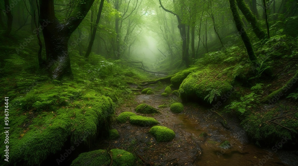Fototapeta premium Grüner dämmender Wald 