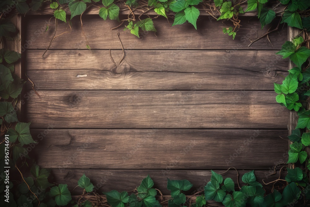 Vine frame on old wood from generative ai Vine frame on old wood from generative ai