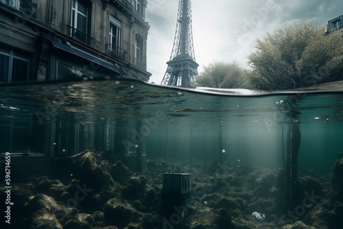 Fotografie, Tablou Paris submerged in water. Generative AI