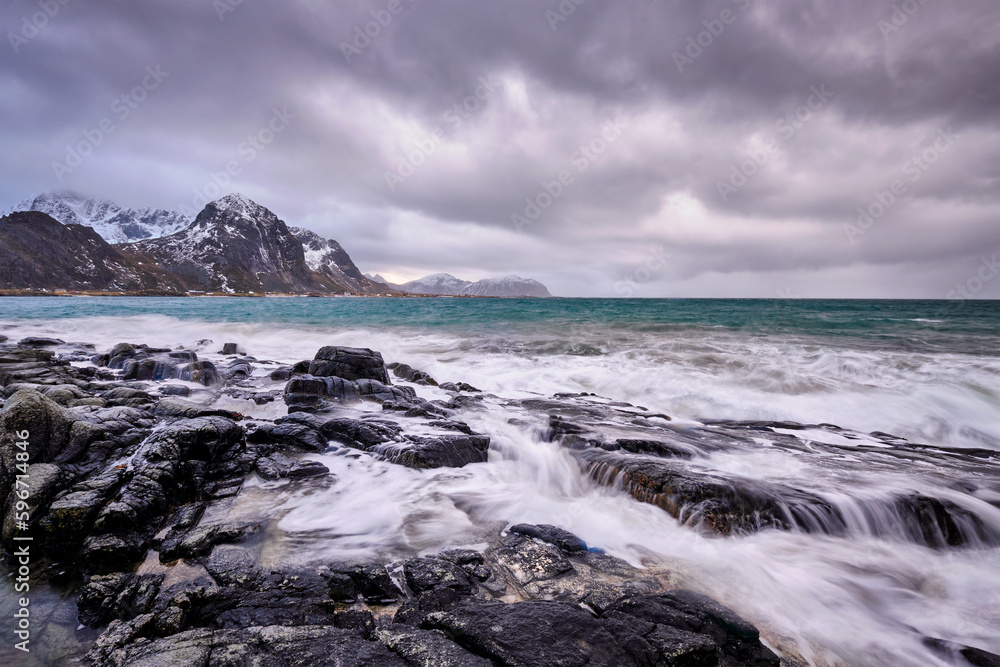 Rocky coast of fjord in Norway